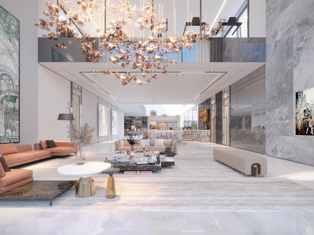 About Spacious living room featuring luxurious decor and a stunning chandelier.